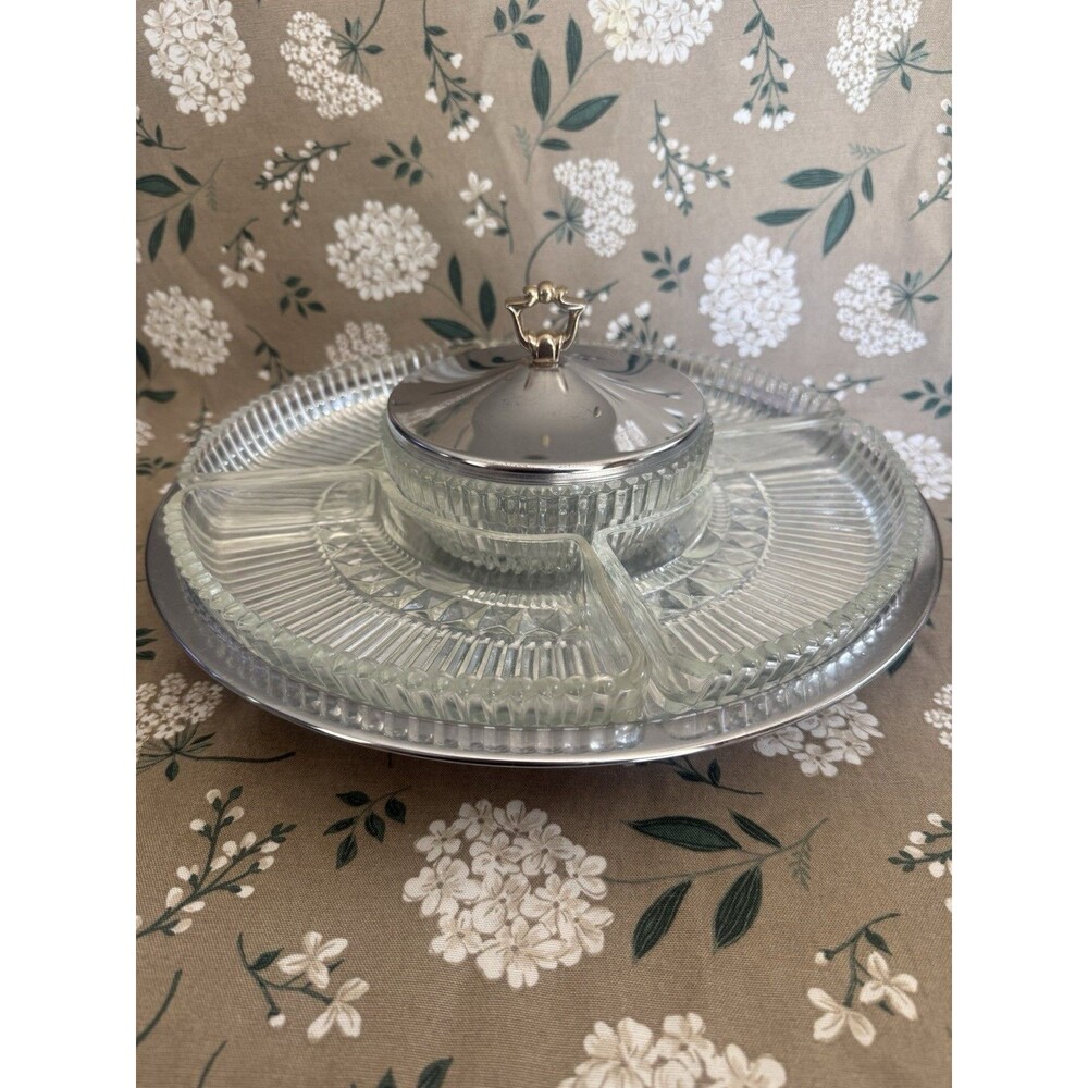 VINTAGE KROMEX Lazy Susan 7 Pc Revolving Serving Dish Party Tray Chrome & Glass